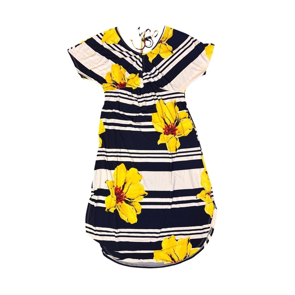 Hailey & Co Women Large Floral Striped Empire Waist Dress Navy Yellow SD3619